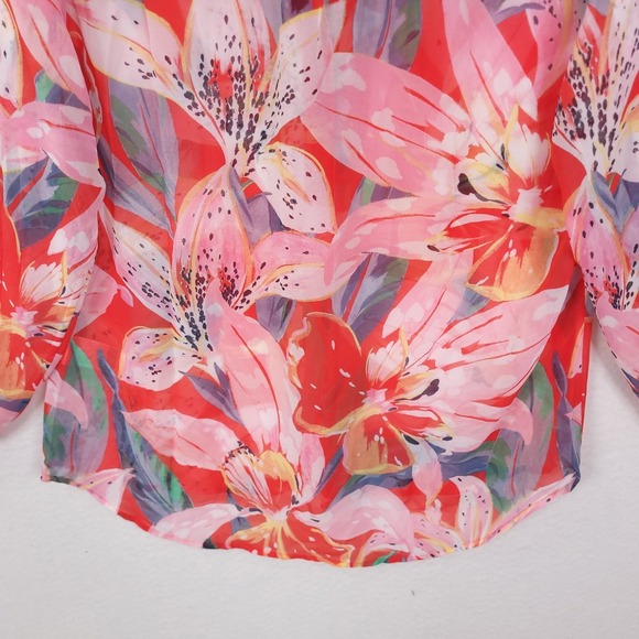 Chicos Pleated Sleeve Blouse Dreamy Lily Floral Watermelon Punch Red Pink 1.5 - Picture 9 of 15